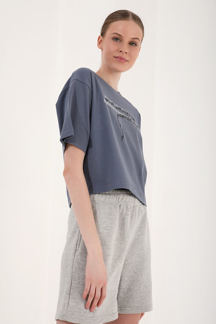 TMY Petrol Printed Short O Neck Women's Oversize T-Shirt - 97135 - Livorno