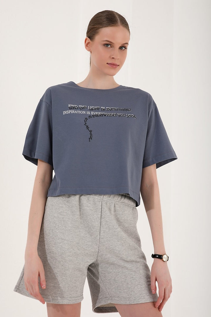 TMY Petrol Printed Short O Neck Women's Oversize T-Shirt - 97135 - Livorno