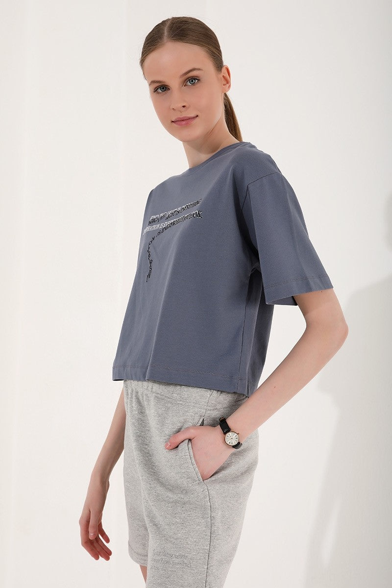 TMY Petrol Printed Short O Neck Women's Oversize T-Shirt - 97135 - Livorno