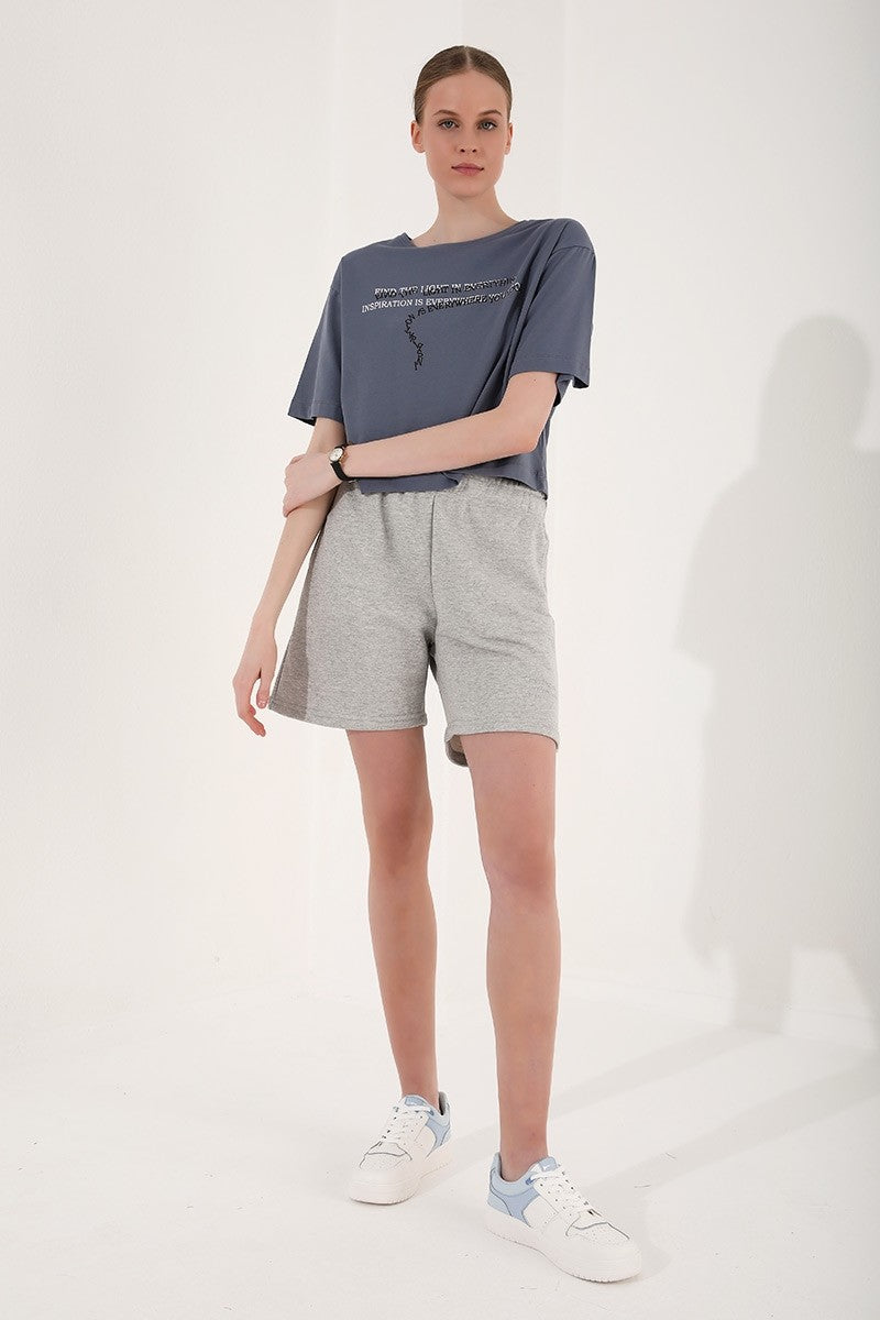 TMY Petrol Printed Short O Neck Women's Oversize T-Shirt - 97135 - Livorno