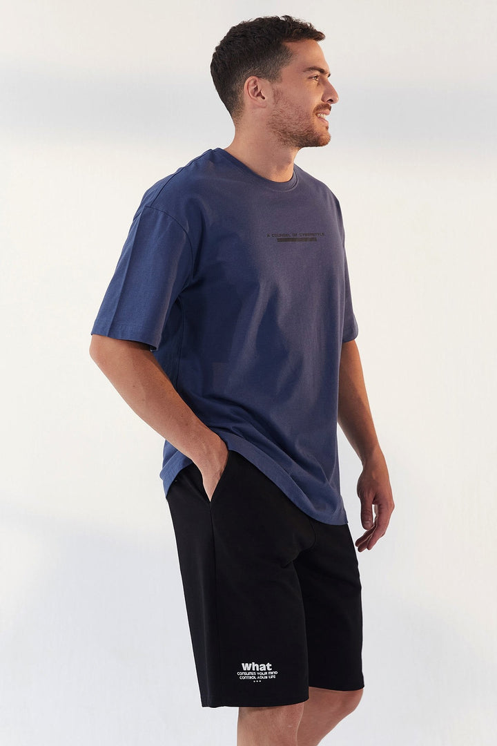 TMY Petrol Printed Round Neck Men's Oversize T-Shirt - 87984 - Xico