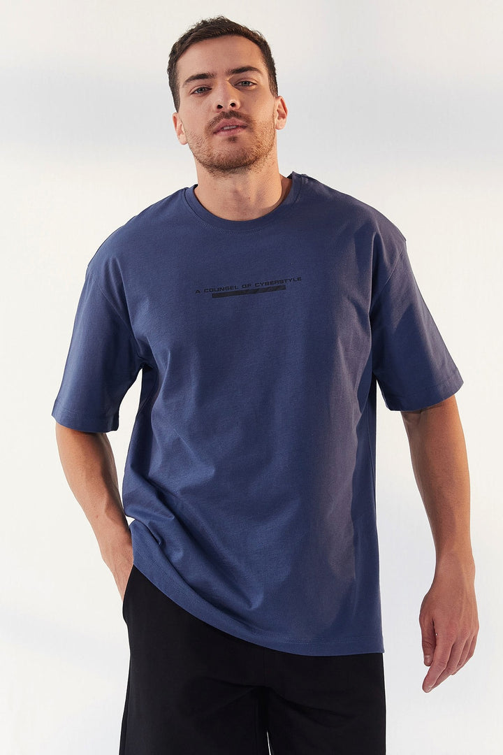 TMY Petrol Printed Round Neck Men's Oversize T-Shirt - 87984 - Xico