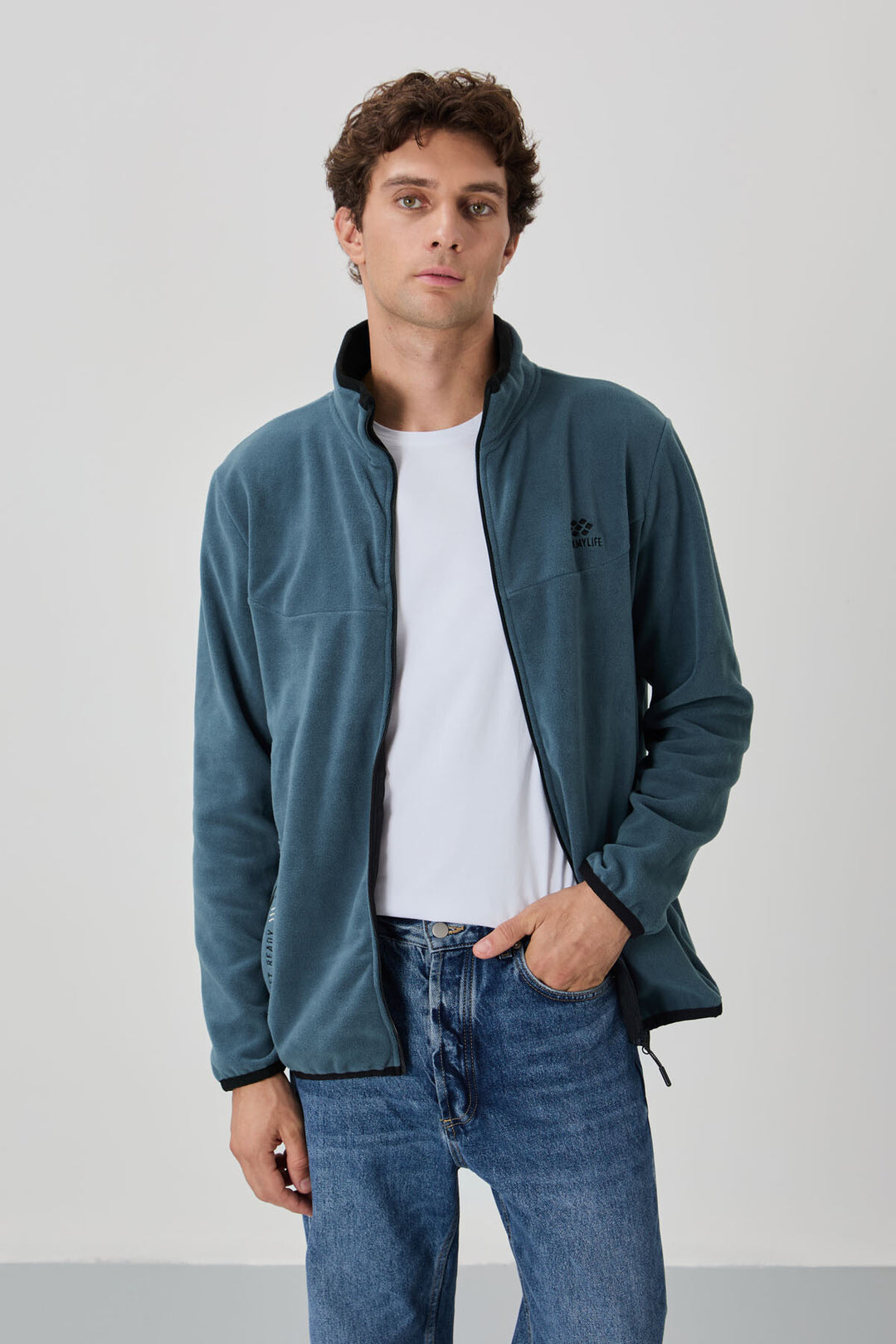 TMY Petrol Embroidered Zippered Stand-up Collar Standard Fit Men's Sweatshirt Polar - 87992 - Narbonne