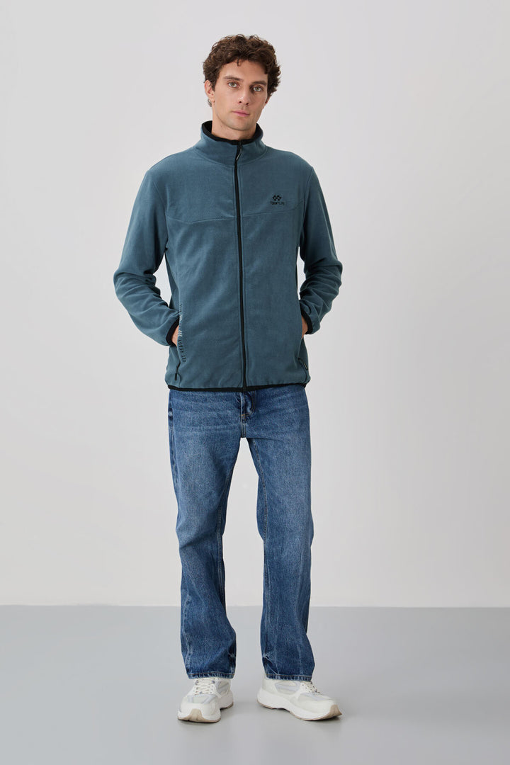 TMY Petrol Embroidered Zippered Stand-up Collar Standard Fit Men's Sweatshirt Polar - 87992 - Narbonne