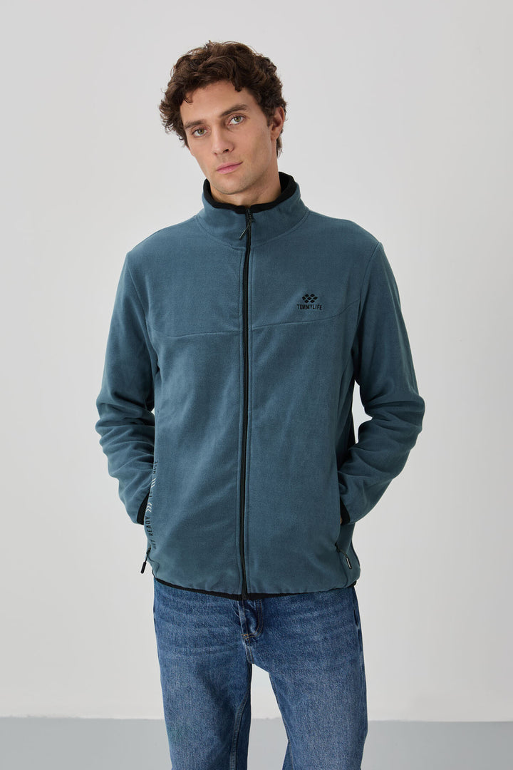 TMY Petrol Embroidered Zippered Stand-up Collar Standard Fit Men's Sweatshirt Polar - 87992 - Narbonne
