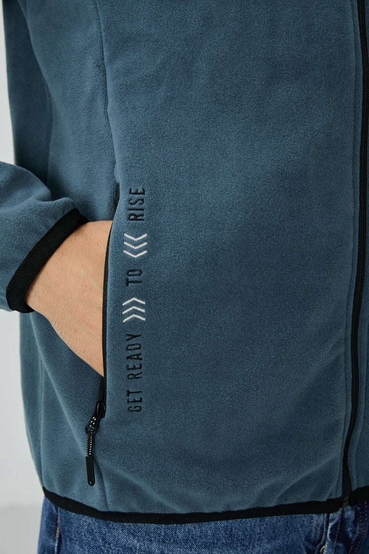TMY Petrol Embroidered Zippered Stand-up Collar Standard Fit Men's Sweatshirt Polar - 87992 - Narbonne
