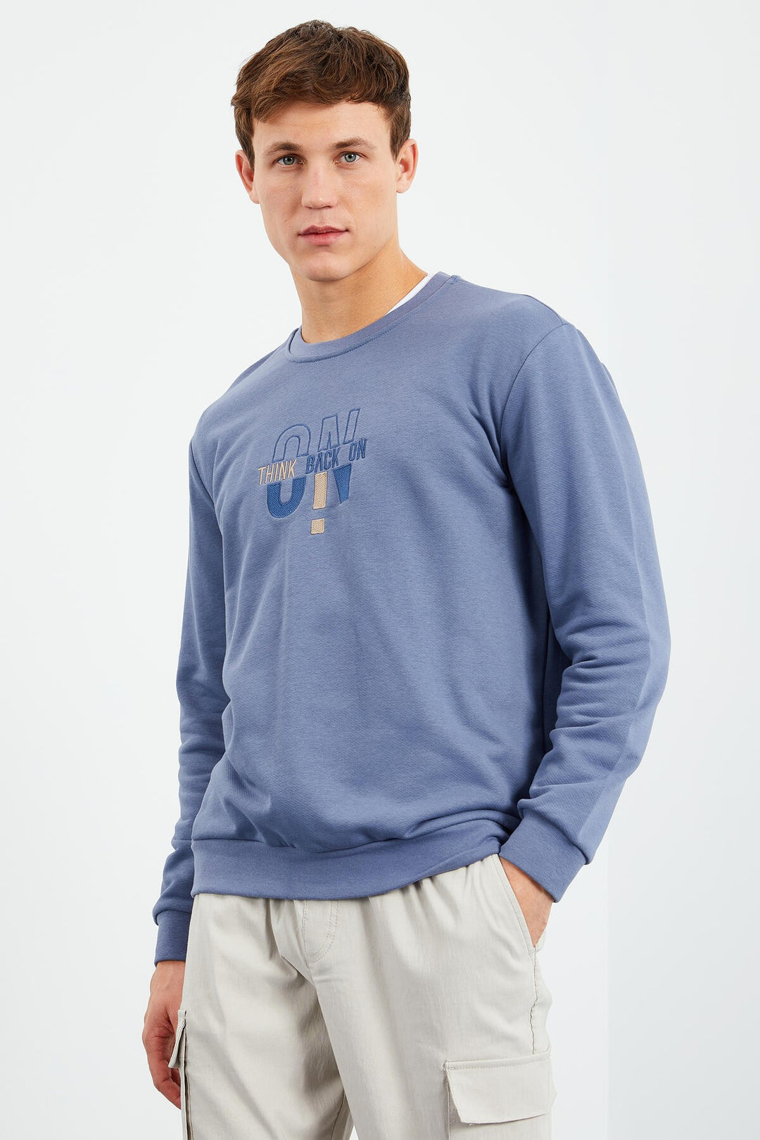 TMY Petrol Embroidered Round Neck Comfort Fit Men's Sweatshirt - 88021 - Klagenfurt
