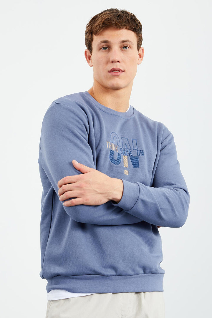 TMY Petrol Embroidered Round Neck Comfort Fit Men's Sweatshirt - 88021 - Klagenfurt