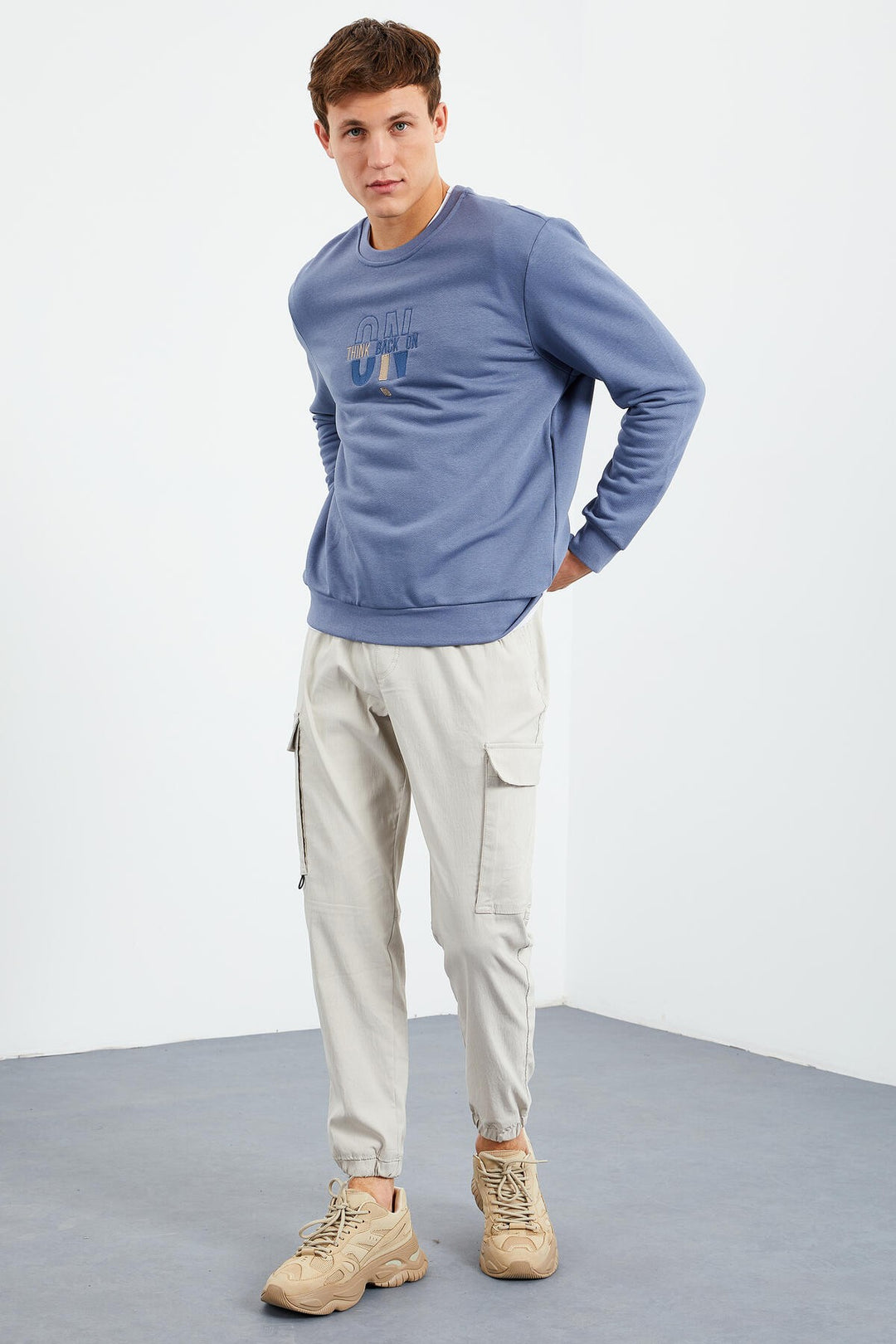 TMY Petrol Embroidered Round Neck Comfort Fit Men's Sweatshirt - 88021 - Klagenfurt