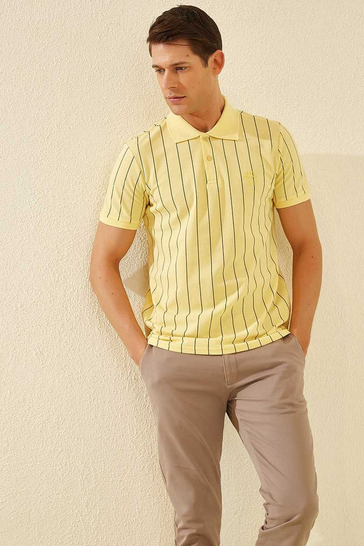 TMY Yellow Striped Short Sleeve Standard Fit Polo Neck Men's T-Shirt - 87797 - Huejutla de Reyes