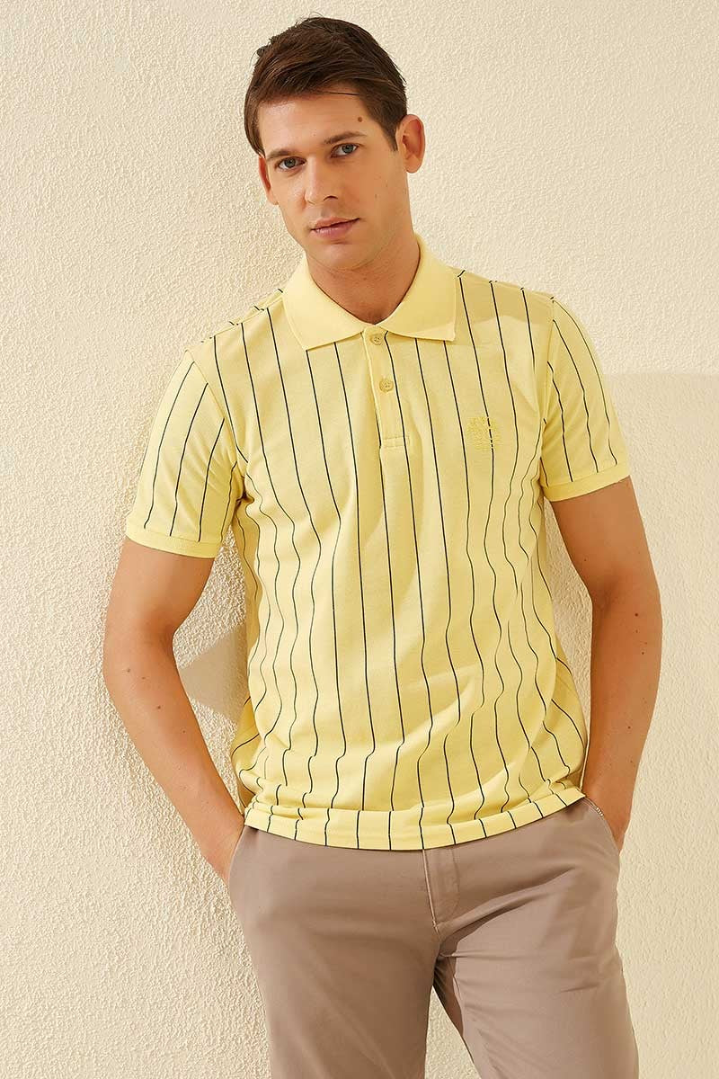 TMY Yellow Striped Short Sleeve Standard Fit Polo Neck Men's T-Shirt - 87797 - Huejutla de Reyes