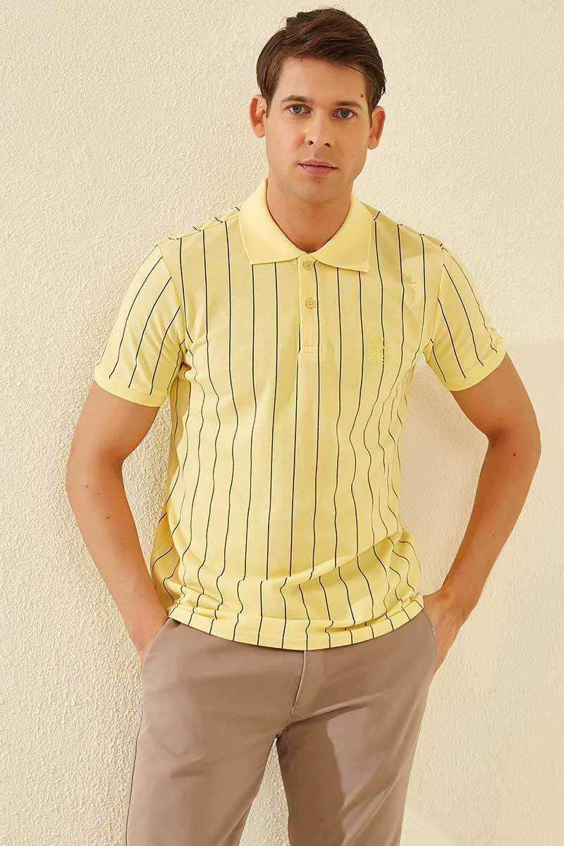 TMY Yellow Striped Short Sleeve Standard Fit Polo Neck Men's T-Shirt - 87797 - Huejutla de Reyes