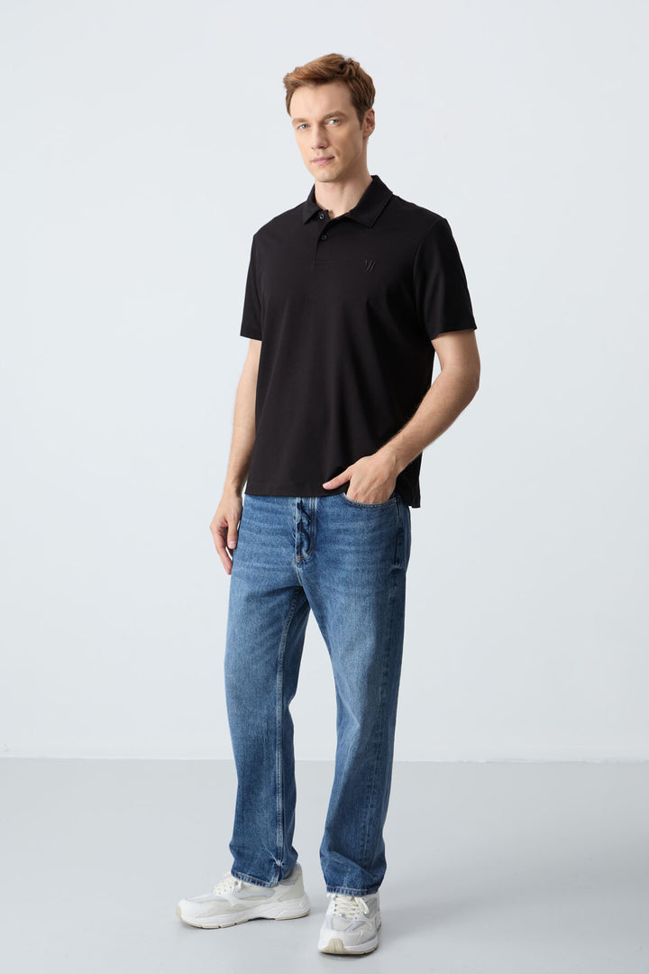 TMY Black Basic Chest Logo Standard Fit Knit Polo Collar Men's T-Shirt - 87768 - Yenakiieve