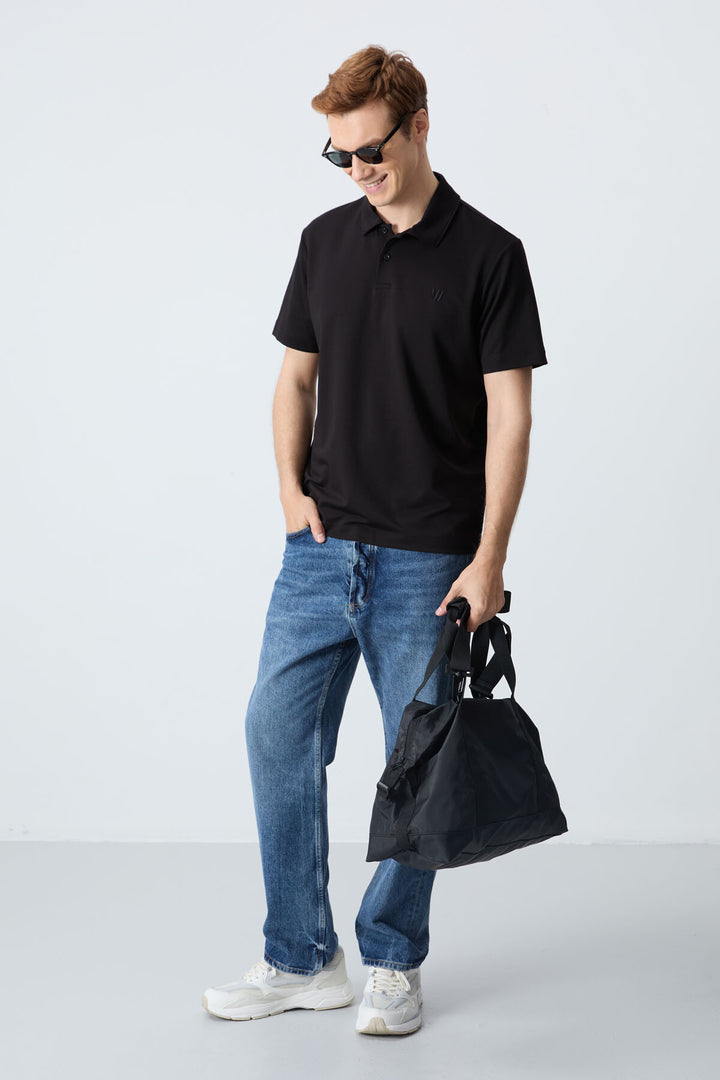 TMY Black Basic Chest Logo Standard Fit Knit Polo Collar Men's T-Shirt - 87768 - Yenakiieve