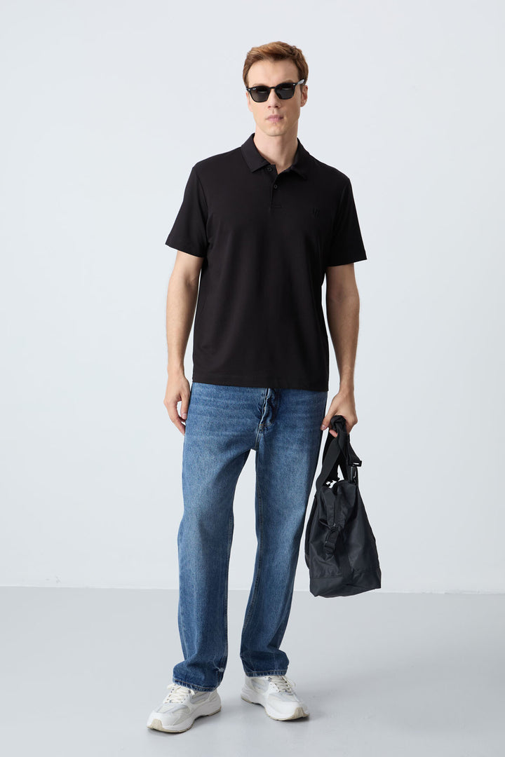 TMY Black Basic Chest Logo Standard Fit Knit Polo Collar Men's T-Shirt - 87768 - Yenakiieve
