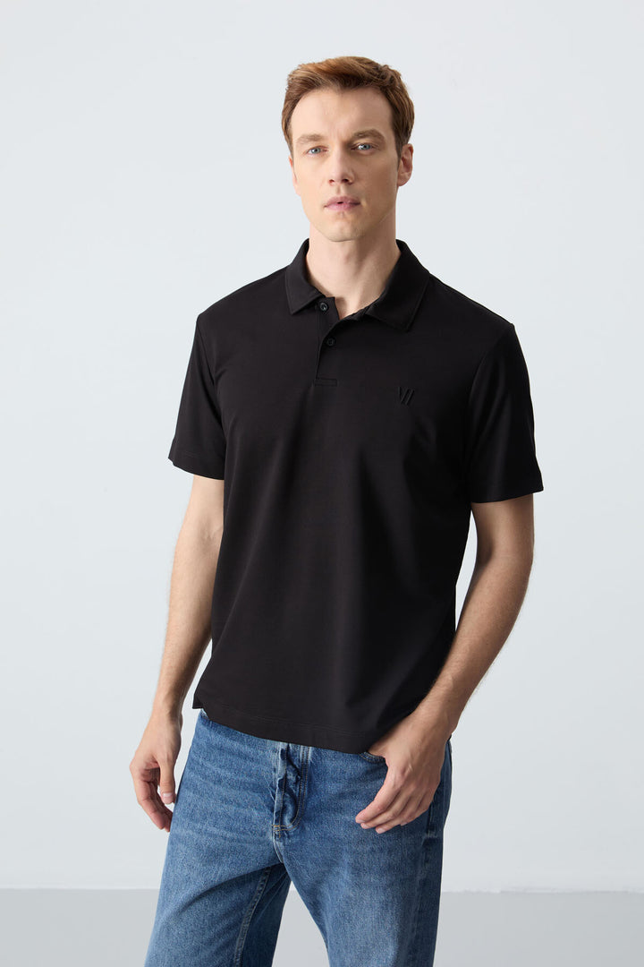 TMY Black Basic Chest Logo Standard Fit Knit Polo Collar Men's T-Shirt - 87768 - Yenakiieve