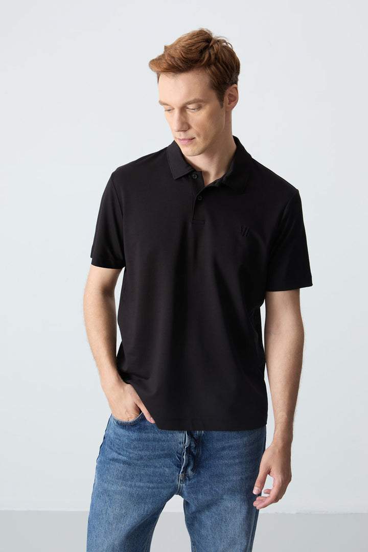 TMY Black Basic Chest Logo Standard Fit Knit Polo Collar Men's T-Shirt - 87768 - Yenakiieve