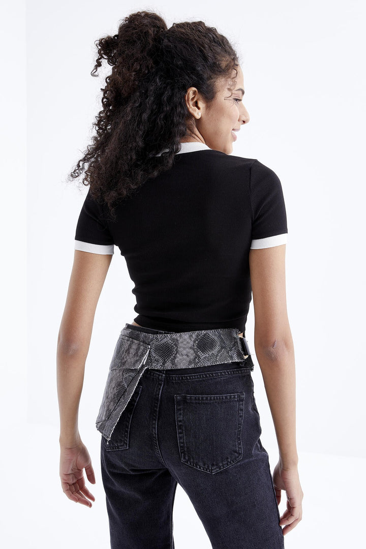 TMY Black Basic Arm Detailed O Neck Women's Crop Top T-Shirt - 97200 - Jersey City