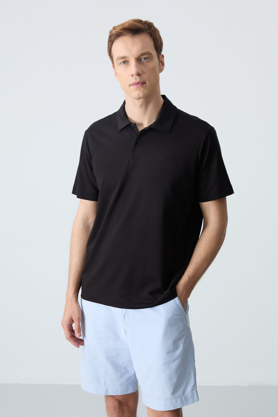 TMY Black Basic Logo Standard Mold Men's T-Shirt with Polo Collar - 87748 - Lage