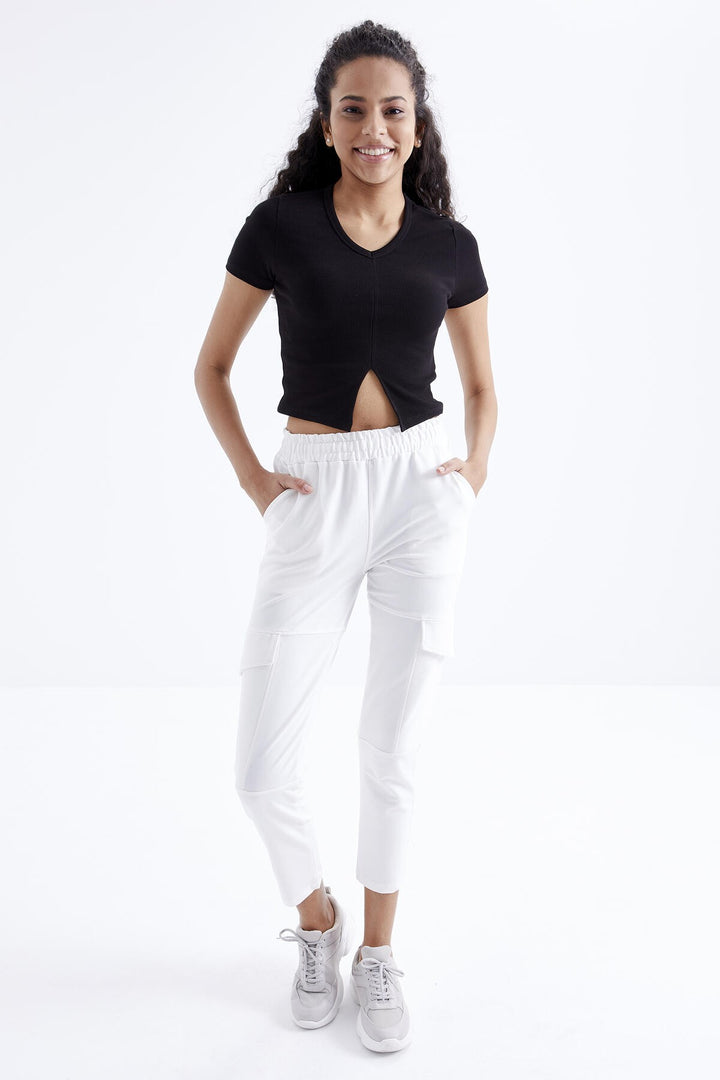 TMY Black Basic Front Slit V Neck Women's Crop Top T-Shirt - 97206 - Independence
