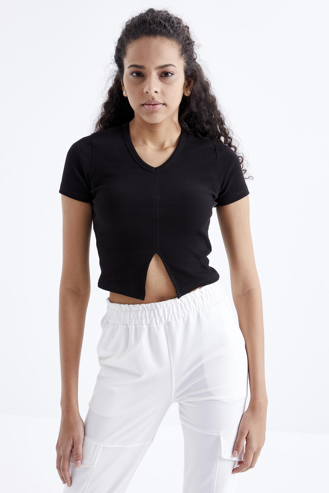 TMY Black Basic Front Slit V Neck Women's Crop Top T-Shirt - 97206 - Independence