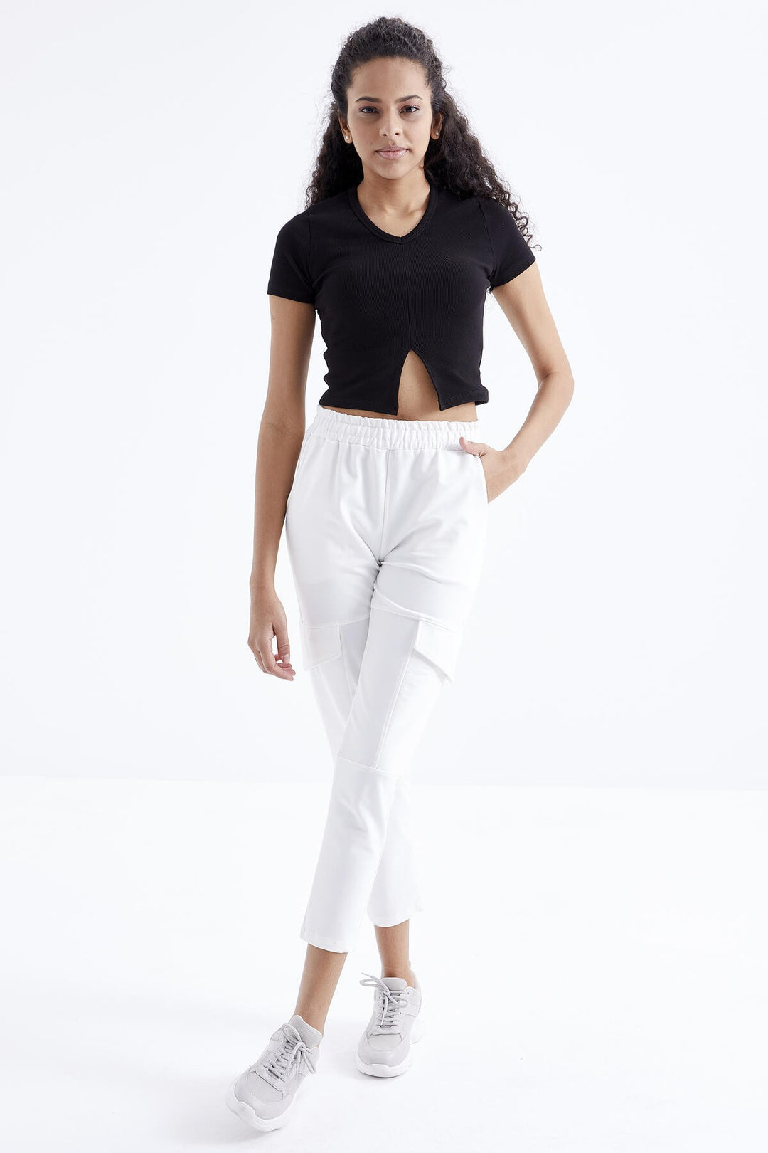 TMY Black Basic Front Slit V Neck Women's Crop Top T-Shirt - 97206 - Independence