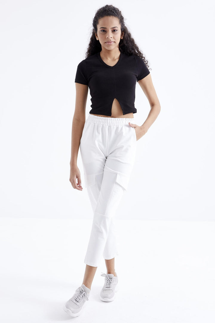 TMY Black Basic Front Slit V Neck Women's Crop Top T-Shirt - 97206 - Independence