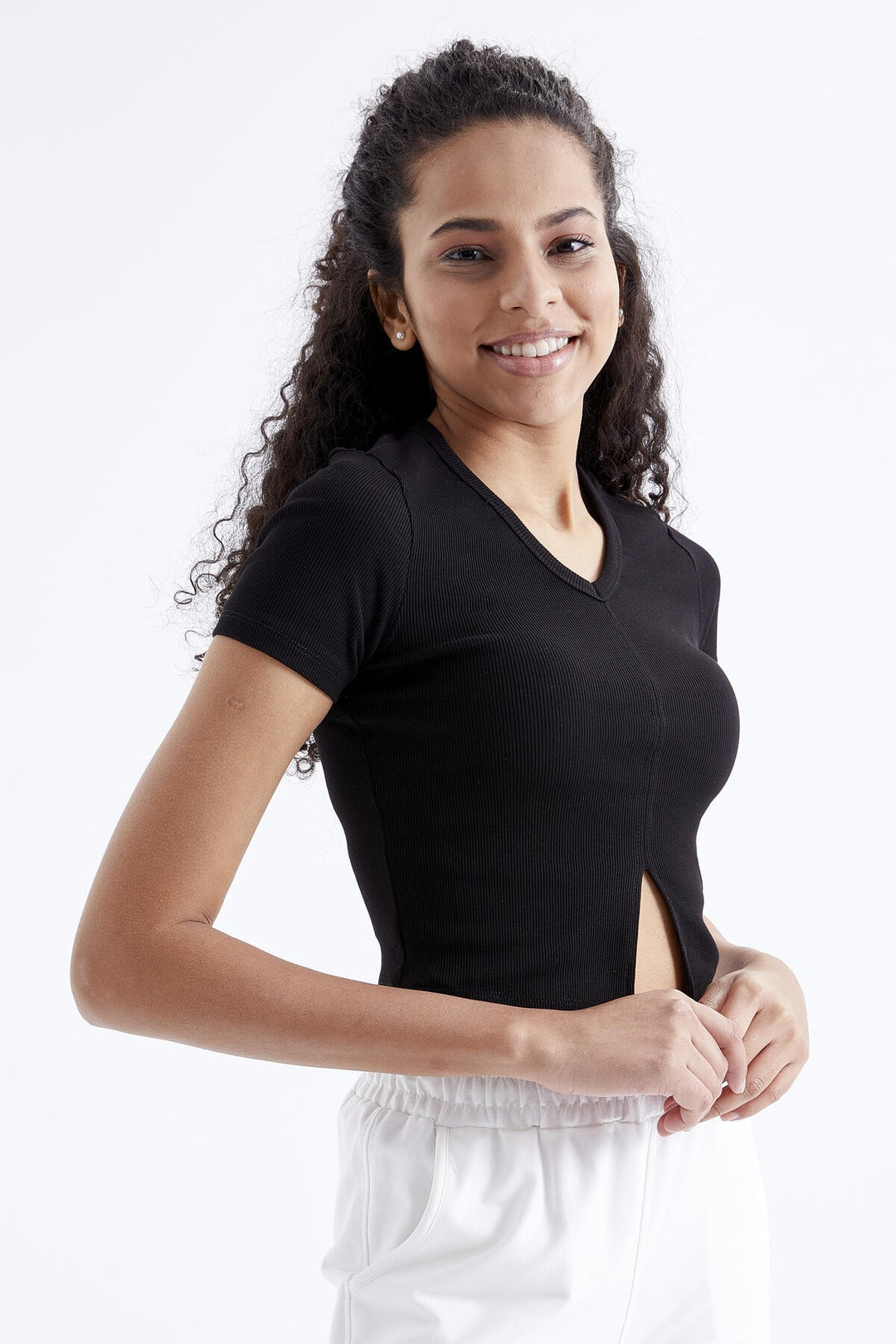 TMY Black Basic Front Slit V Neck Women's Crop Top T-Shirt - 97206 - Independence