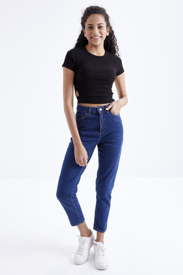 TMY Black Basic Side Windowed O Neck Women Crop Top T-Shirt - 97207 - Poole