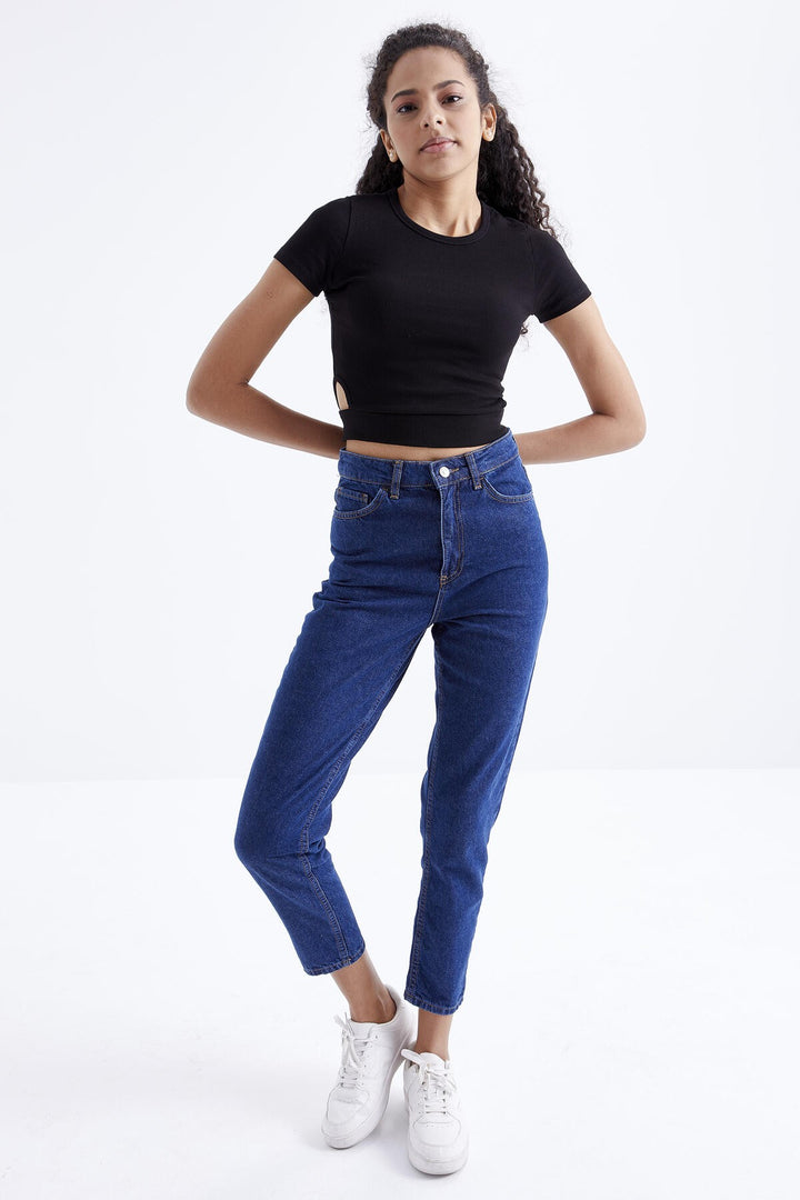 TMY Black Basic Side Windowed O Neck Women Crop Top T-Shirt - 97207 - Poole