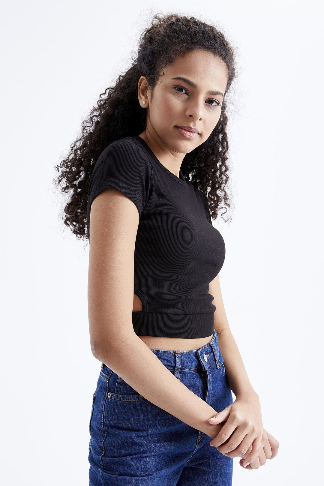 TMY Black Basic Side Windowed O Neck Women Crop Top T-Shirt - 97207 - Poole