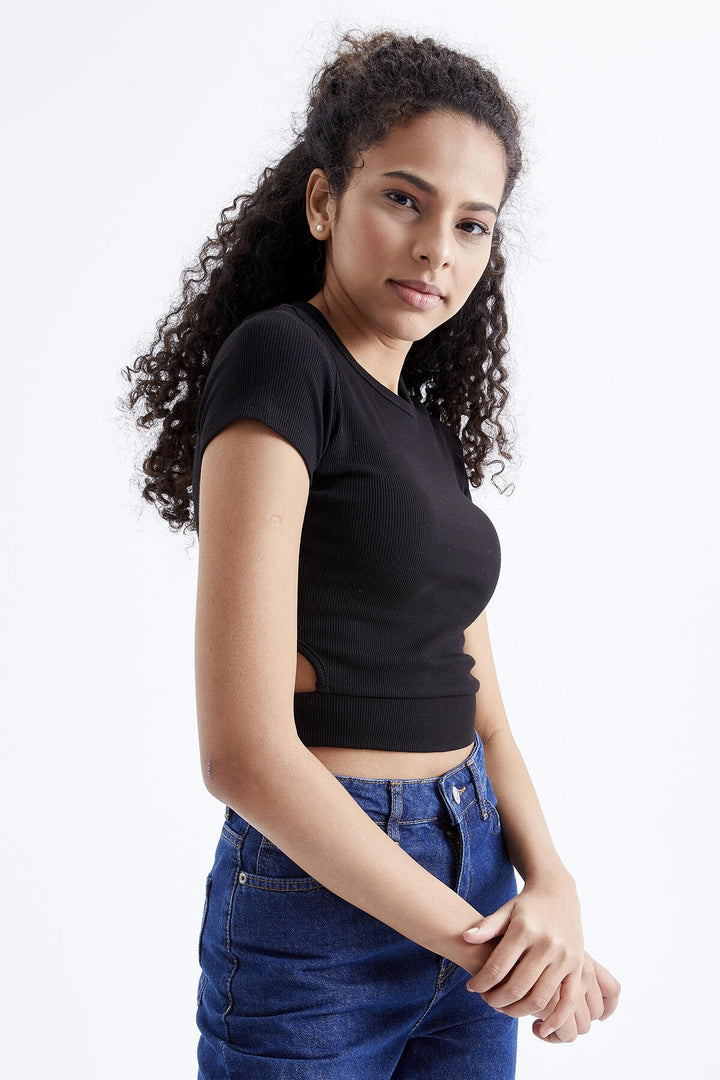 TMY Black Basic Side Windowed O Neck Women Crop Top T-Shirt - 97207 - Poole