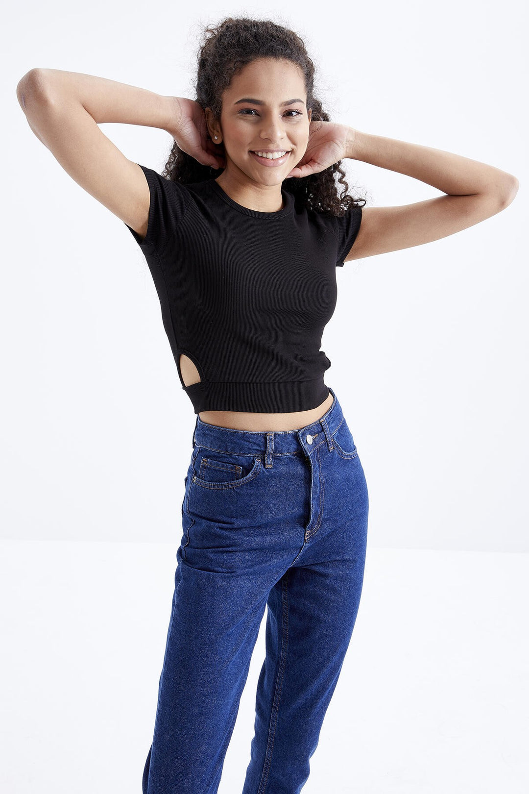 TMY Black Basic Side Windowed O Neck Women Crop Top T-Shirt - 97207 - Poole