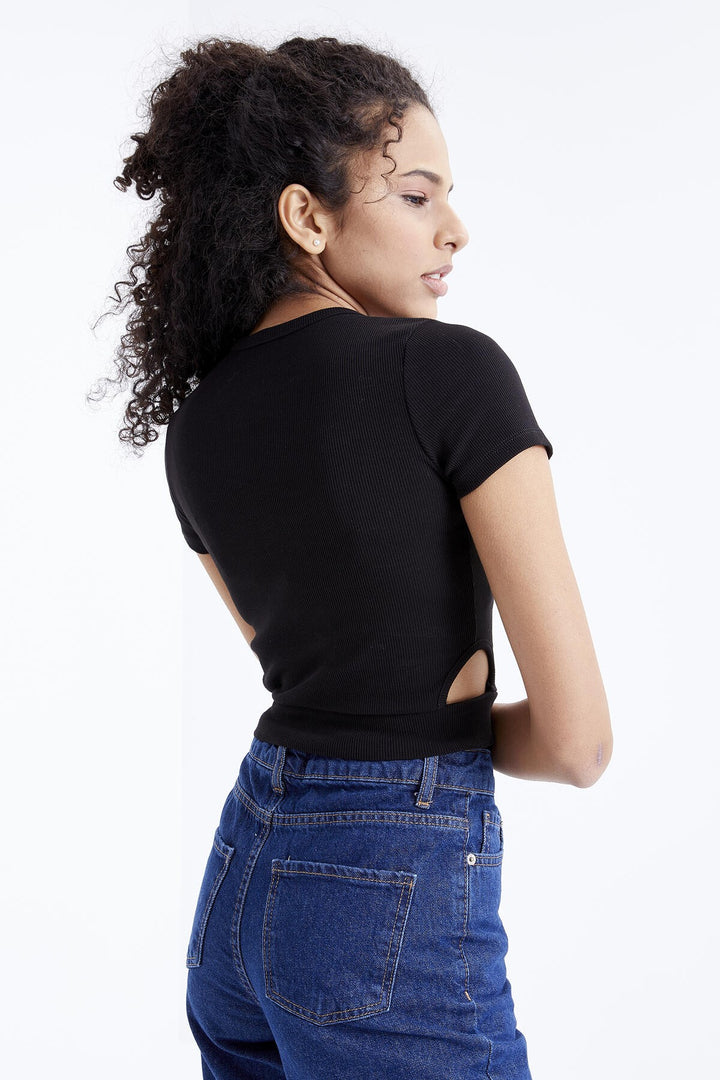 TMY Black Basic Side Windowed O Neck Women Crop Top T-Shirt - 97207 - Poole