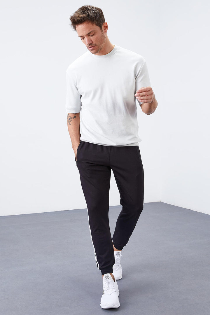 TMY Black - White Double Piped Standard Mold Jogger Men's Sweatpants - 84694 - Heilbronn