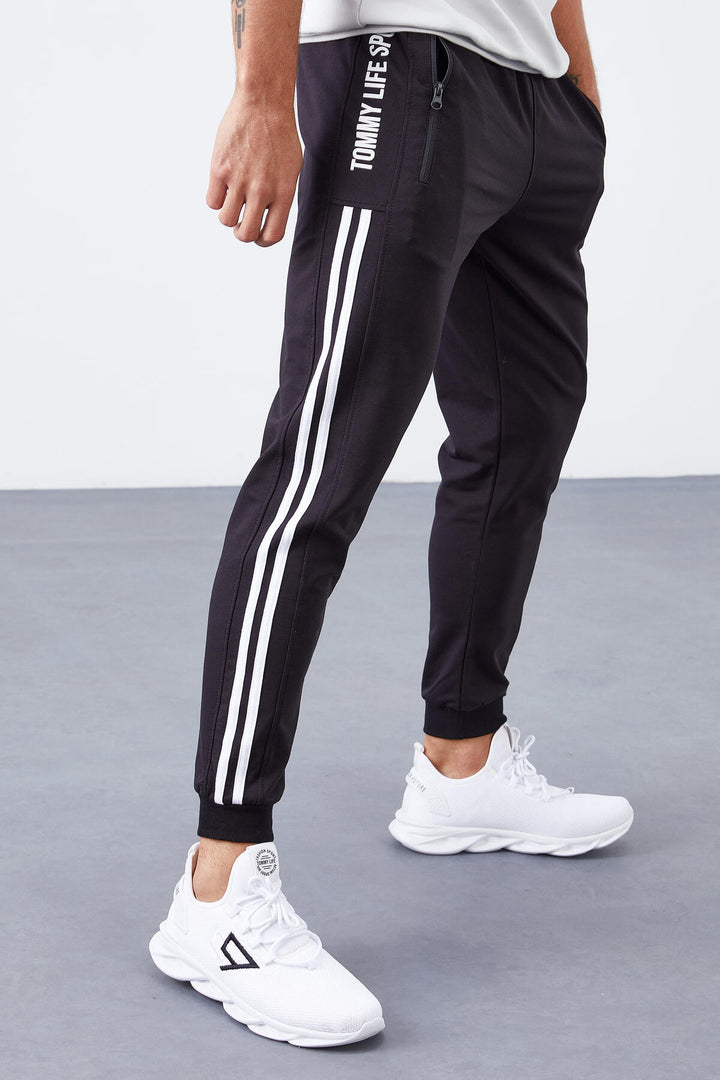 TMY Black - White Double Piped Standard Mold Jogger Men's Sweatpants - 84694 - Heilbronn
