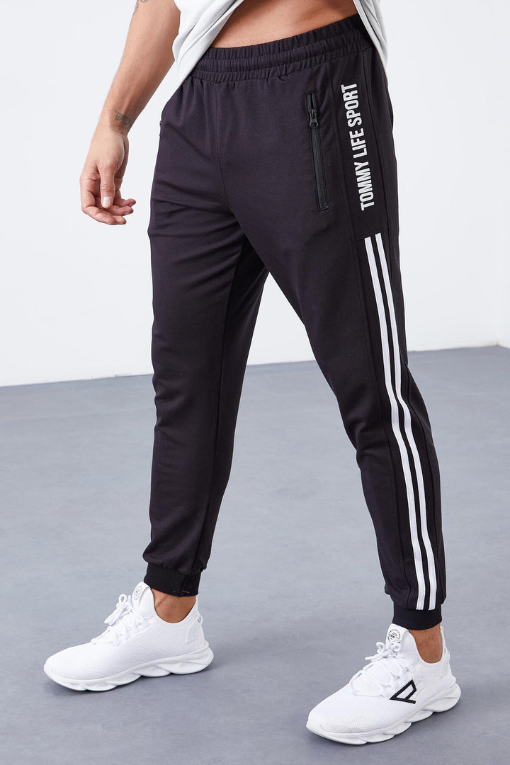 TMY Black - White Double Piped Standard Mold Jogger Men's Sweatpants - 84694 - Heilbronn