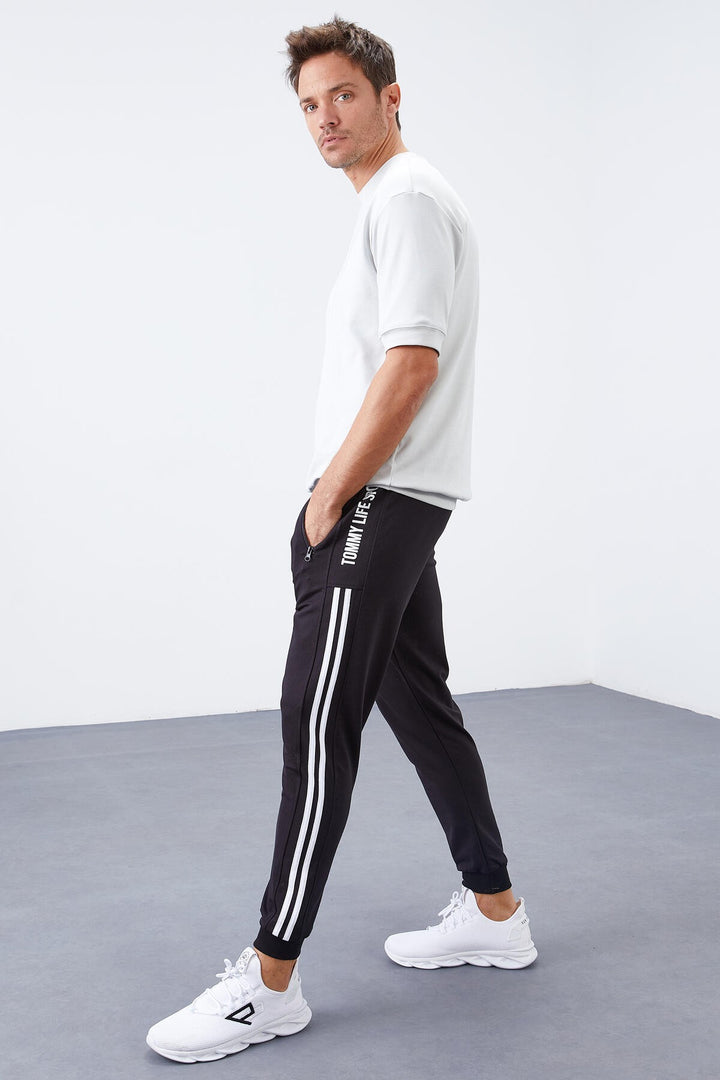TMY Black - White Double Piped Standard Mold Jogger Men's Sweatpants - 84694 - Heilbronn