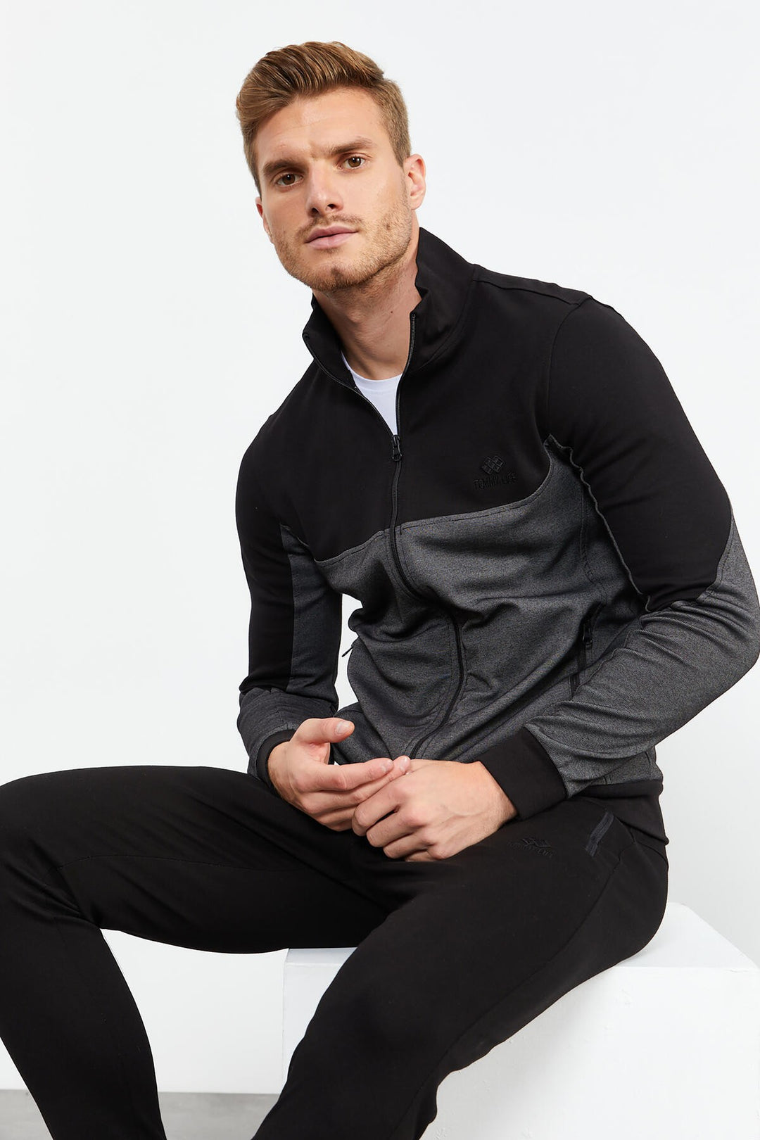 TMY Black High Neck Two-Tone Standard Mold Cuffed Men's Tracksuit - 85142 - Foligno