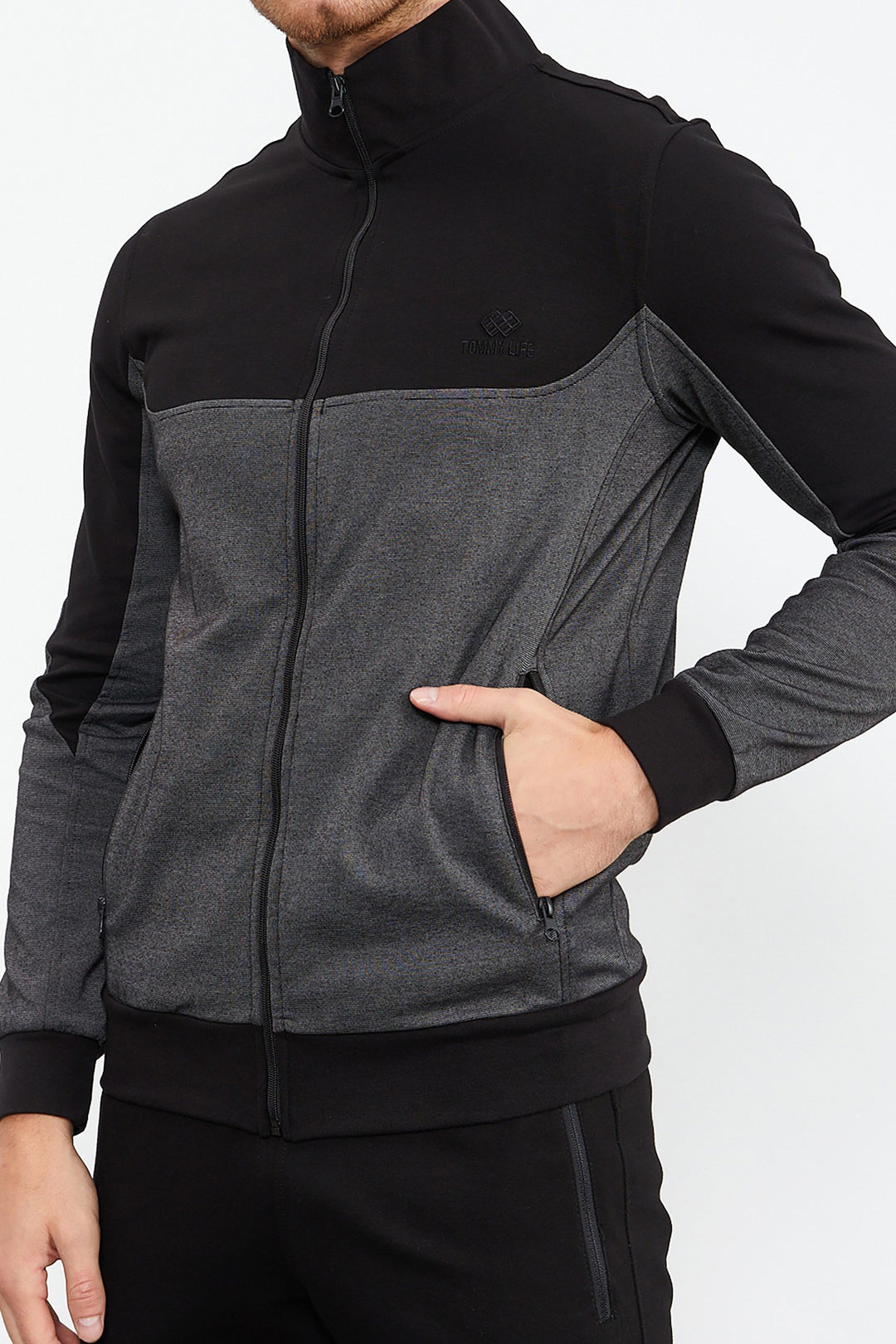TMY Black High Neck Two-Tone Standard Mold Cuffed Men's Tracksuit - 85142 - Foligno