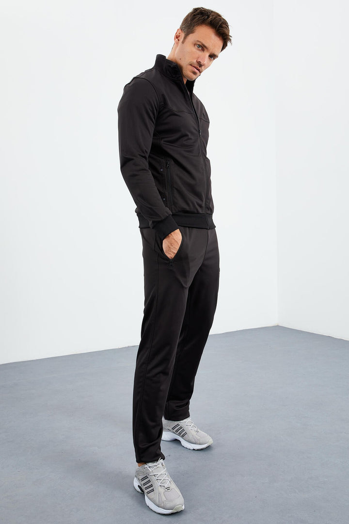 TMY Black High Neck Zippered Standard Fit Classic Cuff Men's Tracksuit - 85162 - Ancona