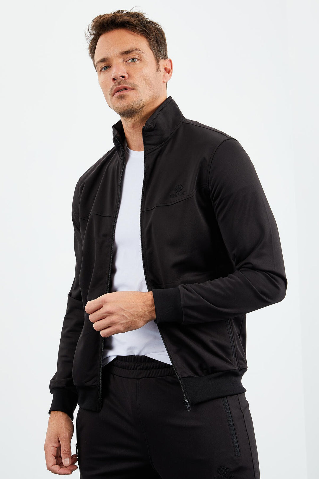 TMY Black High Neck Zippered Standard Fit Classic Cuff Men's Tracksuit - 85162 - Ancona