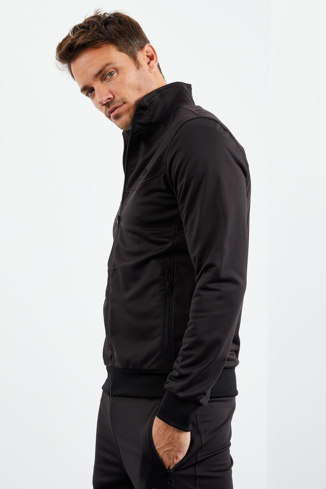 TMY Black High Neck Zippered Standard Fit Classic Cuff Men's Tracksuit - 85162 - Ancona