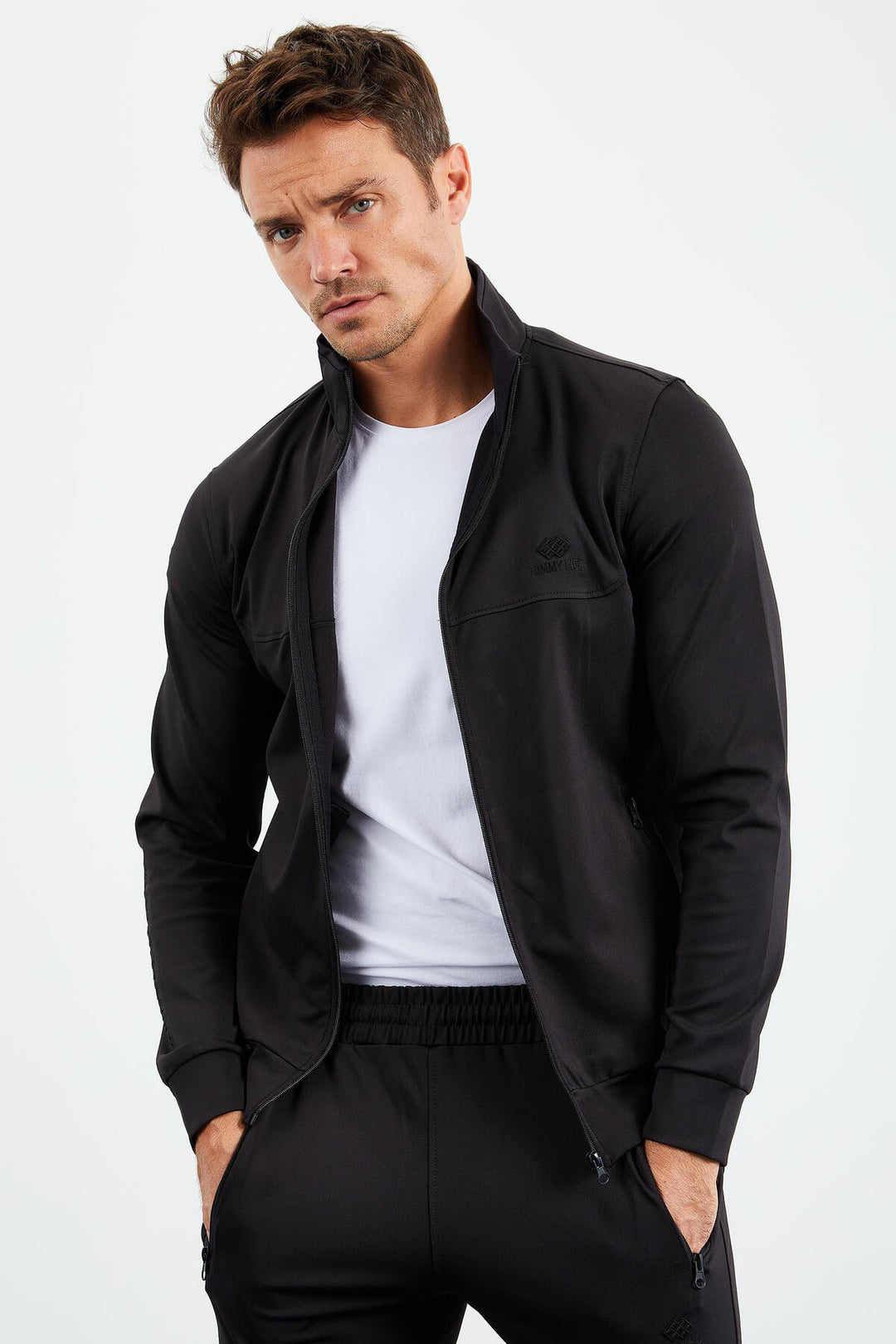 TMY Black High Neck Zippered Standard Fit Cuffed Men's Tracksuit - 85160 - Miramar