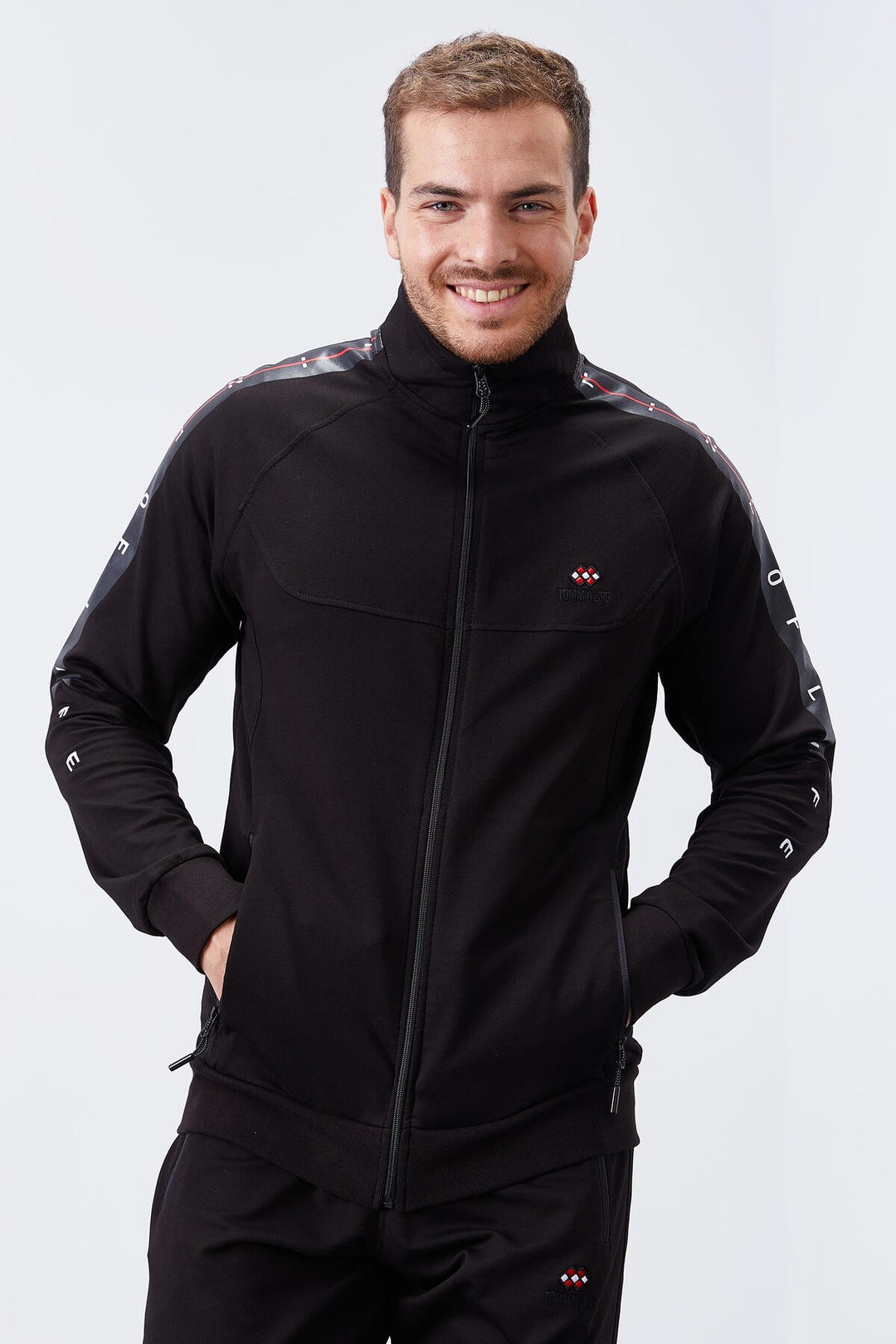 TMY Black High Neck Striped Printed Standard Pattern Cuffed Men's Tracksuit - 85150 - Ciudad de Allende