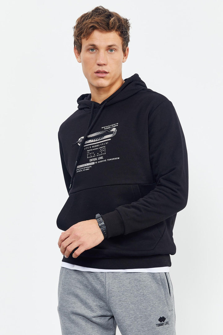 TMY Black Printed Hooded Kangaroo Pocket Comfortable Fit Men's Sweatshirt - 88019 - Levittown