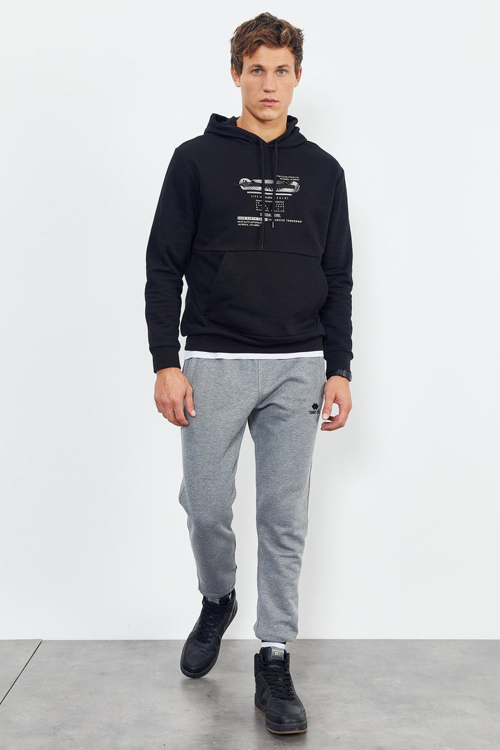 TMY Black Printed Hooded Kangaroo Pocket Comfortable Fit Men's Sweatshirt - 88019 - Levittown