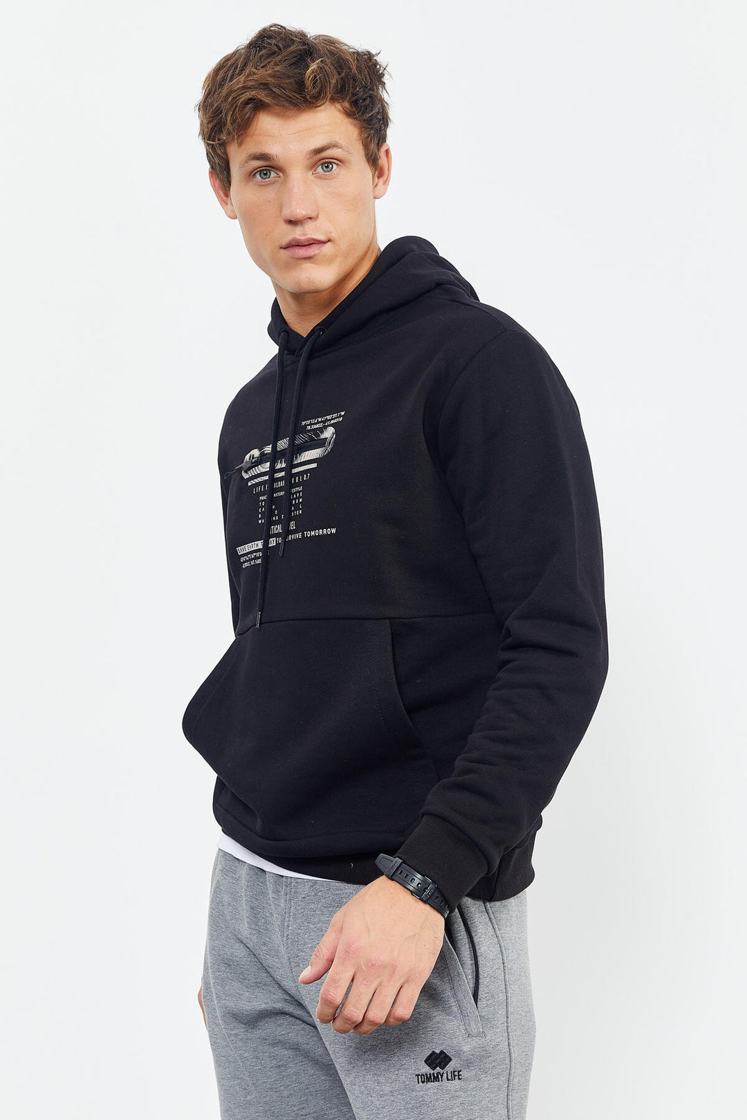 TMY Black Printed Hooded Kangaroo Pocket Comfortable Fit Men's Sweatshirt - 88019 - Levittown