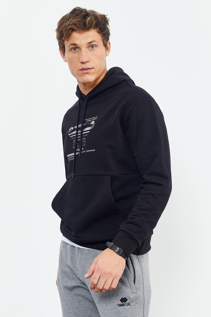 TMY Black Printed Hooded Kangaroo Pocket Comfortable Fit Men's Sweatshirt - 88019 - Levittown