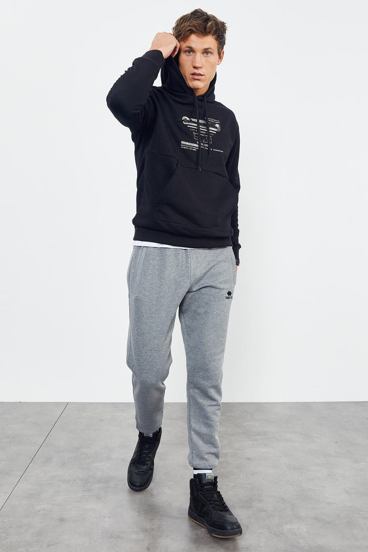 TMY Black Printed Hooded Kangaroo Pocket Comfortable Fit Men's Sweatshirt - 88019 - Levittown